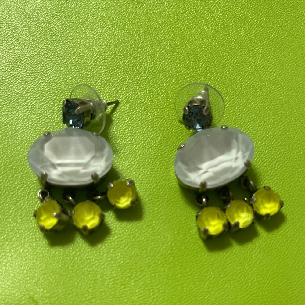 Elegant White and Yellow Drop Earrings with Blue Accent - Unbranded